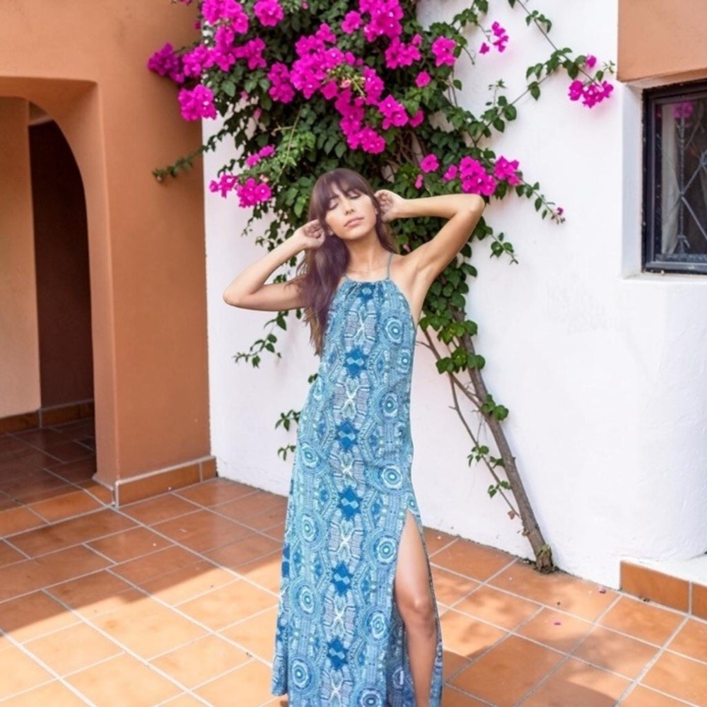 Earthbound Trading Co Teal Mandala Print Maxi Dress Sz Small Halter Open Back